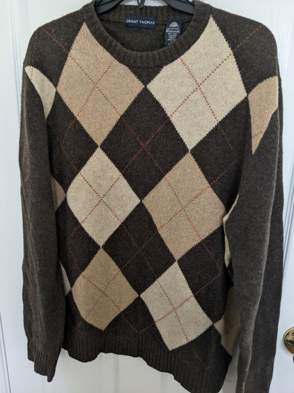 THOMAS GRANT MEN 100% WOOL WOOLMARK CREWNECK SWEATER SIZE L ARGYLE BROWN/BEIGE